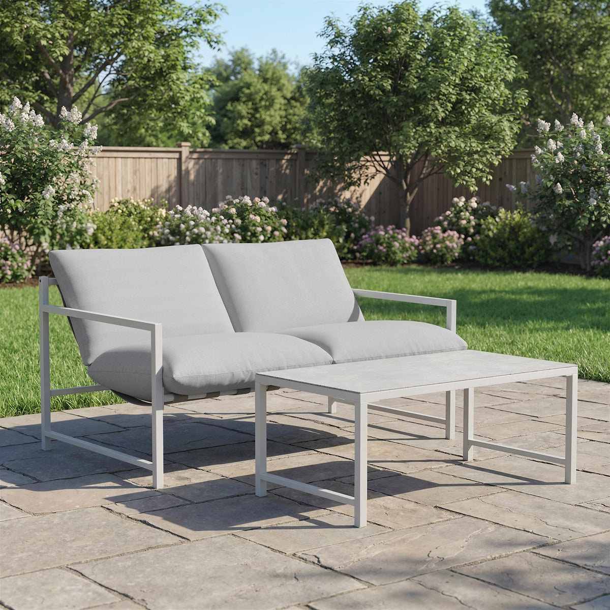 Salon de Jardin Extérieur 2 Pièces, Canapé avec Coussins, Table Basse en Verre Trempé Marbré 3D, 125x80x64cm, Gris Clair-1