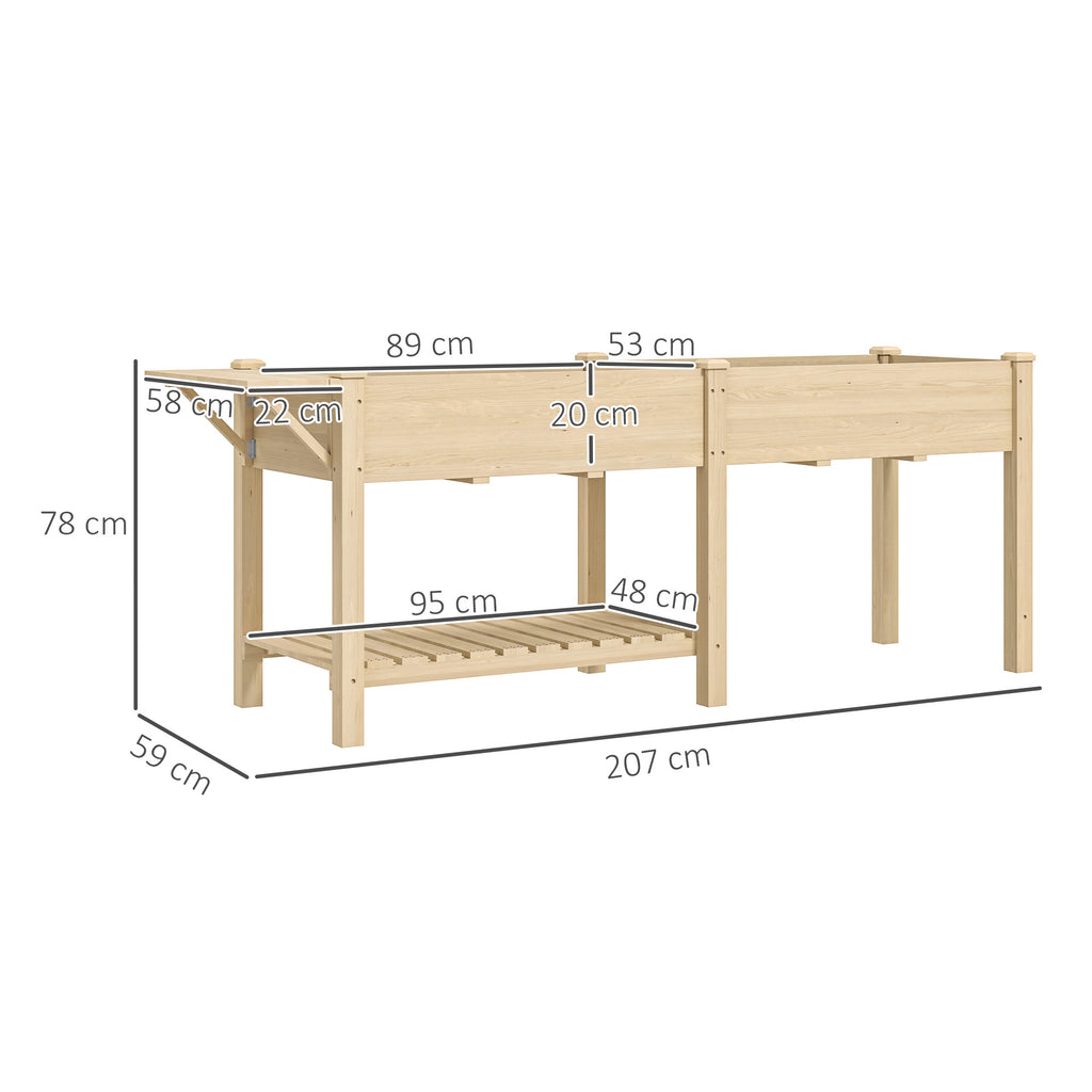 Jardinière sur pieds carré potager de jardin sur pieds 2 bacs tablette étagère inférieure 207 x 59 x 78 cm bois naturel-2