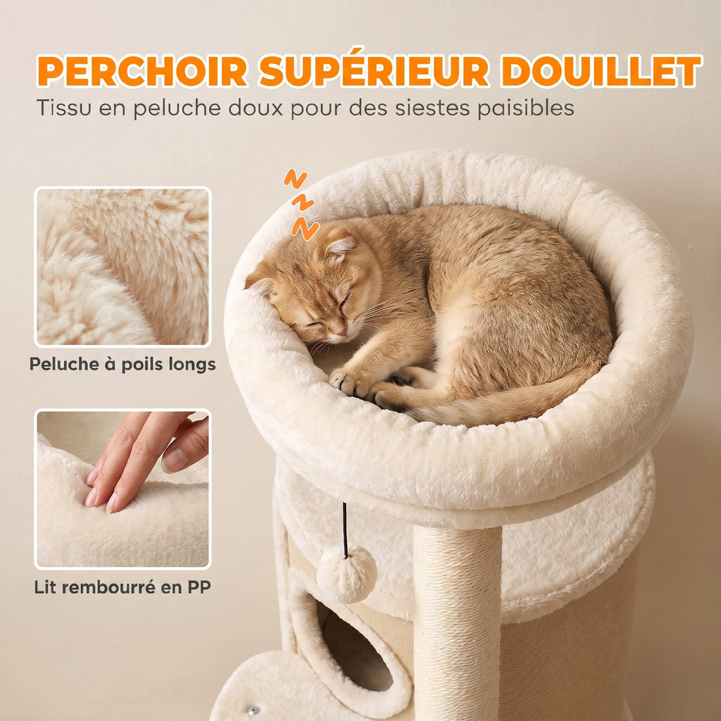 Arbre à Chat Multi-Niveaux avec Tonneau, Double Niche, Lit, Plateforme, Poteaux à Griffer en Sisal, 55x39x90cm, Beige-6