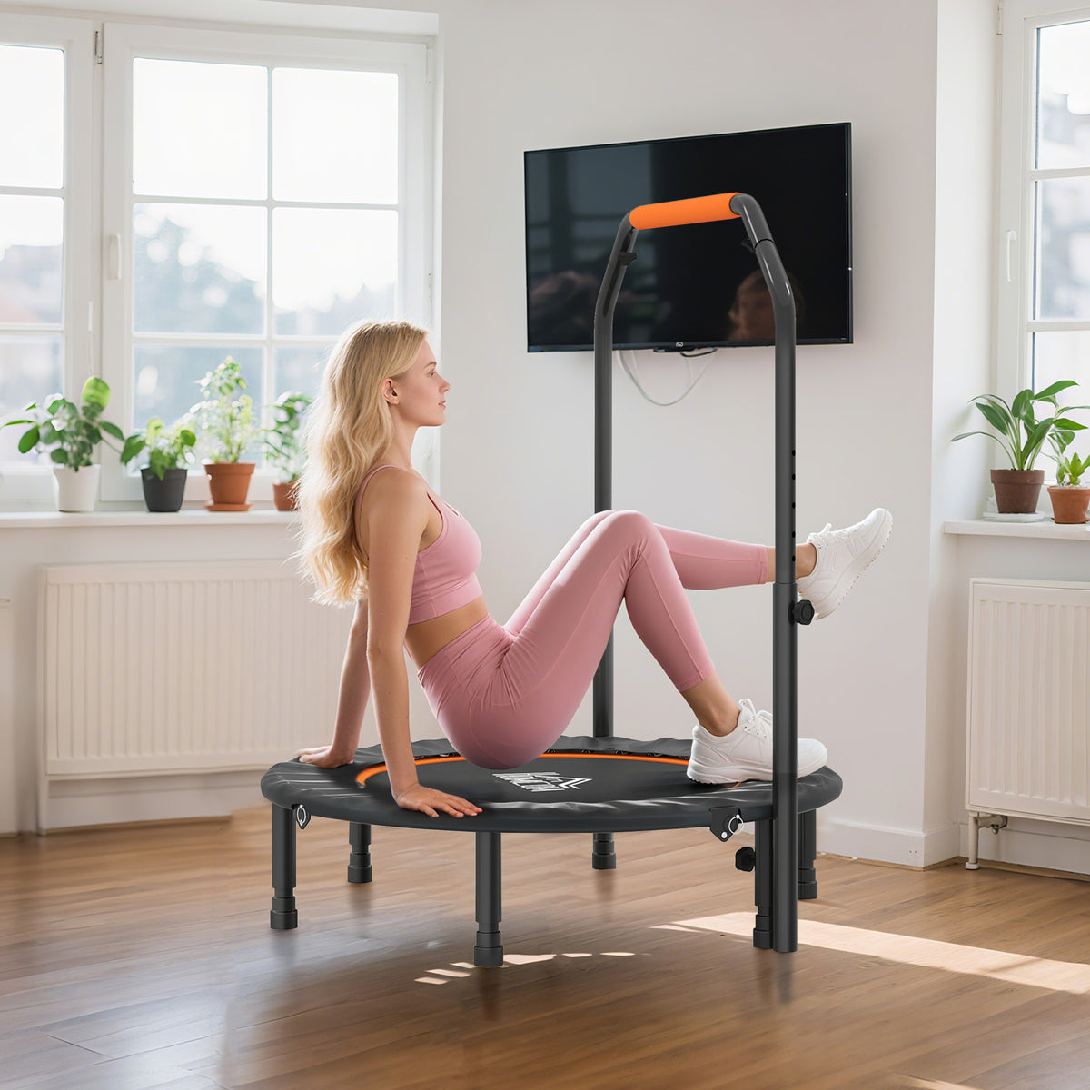 Trampoline de fitness gymnastique avec poignée réglable, pliable, 6 pieds, 28 ressorts Ø 102 cm, noir orange-8