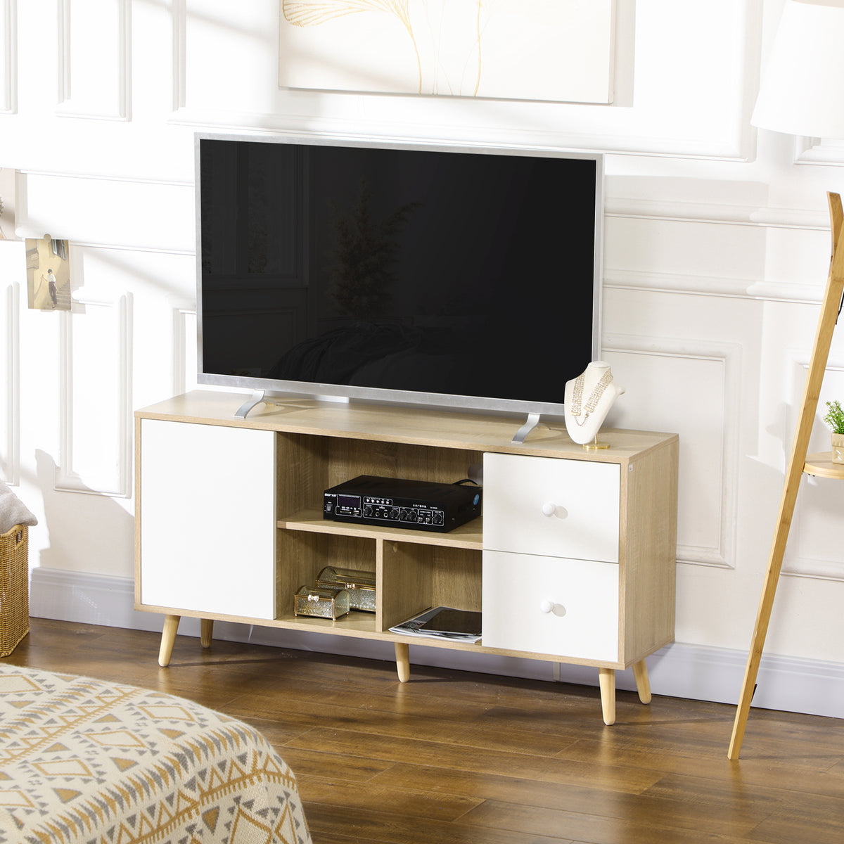 Meuble TV pour télévision jusqu'à 45 pouces pieds en bois massif style scandinave 3 niches 1 placard 120 x 30 x 60 cm-7