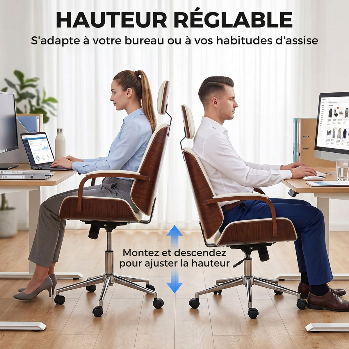 Fauteuil de bureau, chaise de bureau avec appui-tête amovible hauteur réglable et fonction de bascule, 66x65x125cm, crème-3