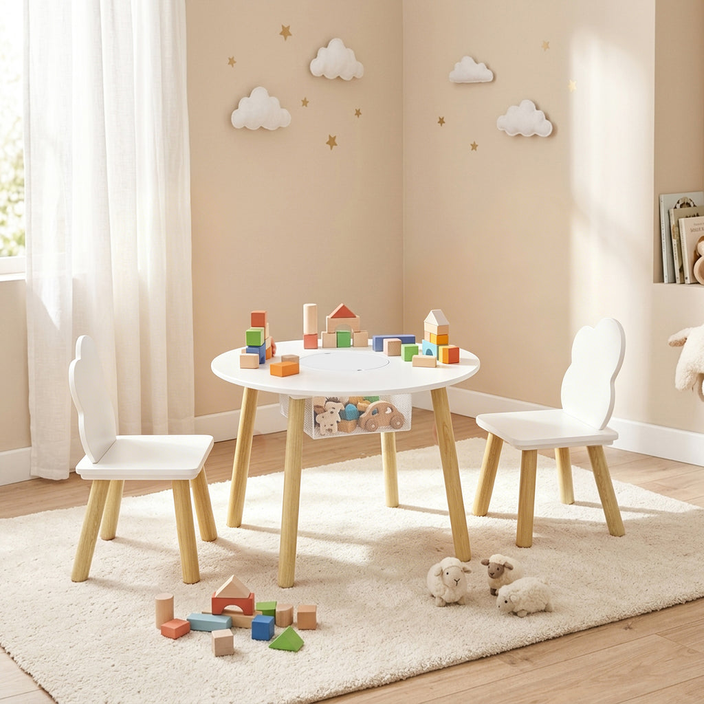 Table enfant avec chaise, ensemble table et 2 chaises en bois avec sac de rangement pour dessiner, jouer, étudier, blanc-1