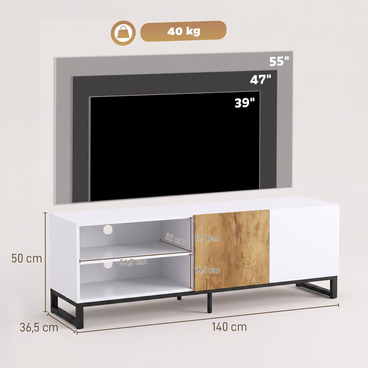 Meuble TV 140 cm, Meuble Télé pour Téléviseur jusqu'à 55 Pouces, 2 Portes à Fermeture Douce et Étagères Réglables, Blanc-2