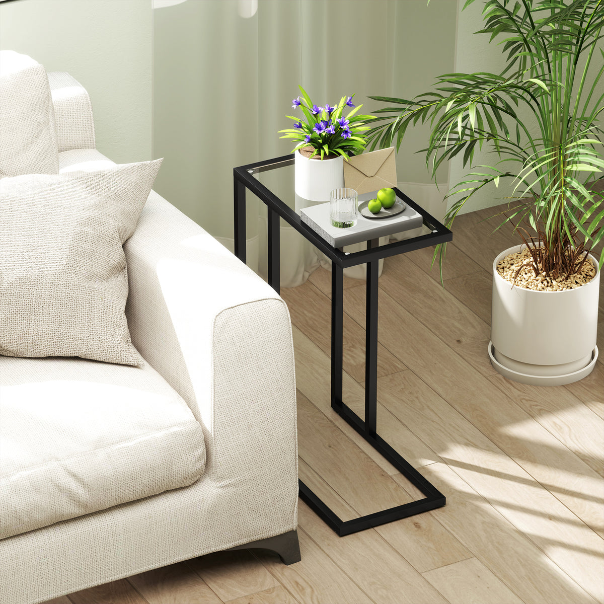 Table d'appoint en forme de C avec plateau en verre trempé, cadre en acier, noir-1
