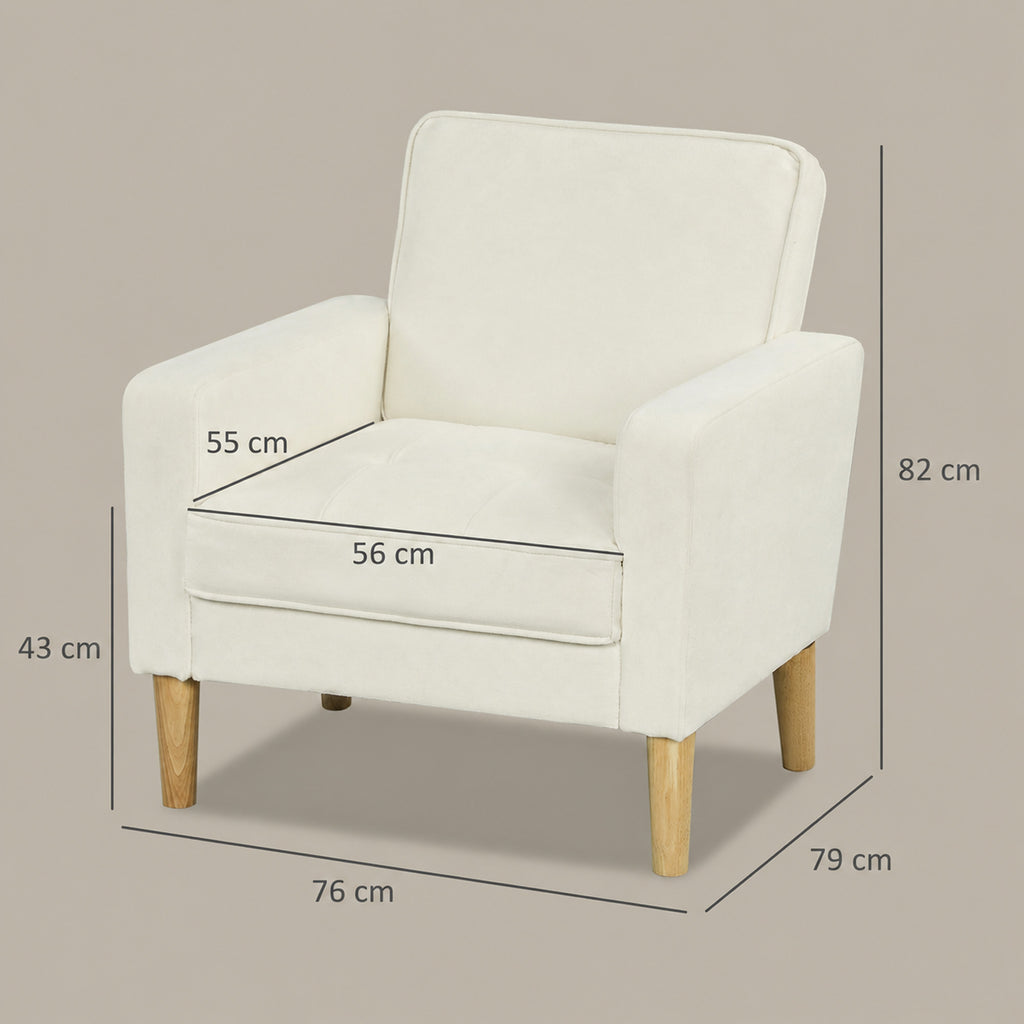 Fauteuil de salon en velours, canapé 1 place rembourré avec assise large, pour chambre, salon, petit espace, crème-2