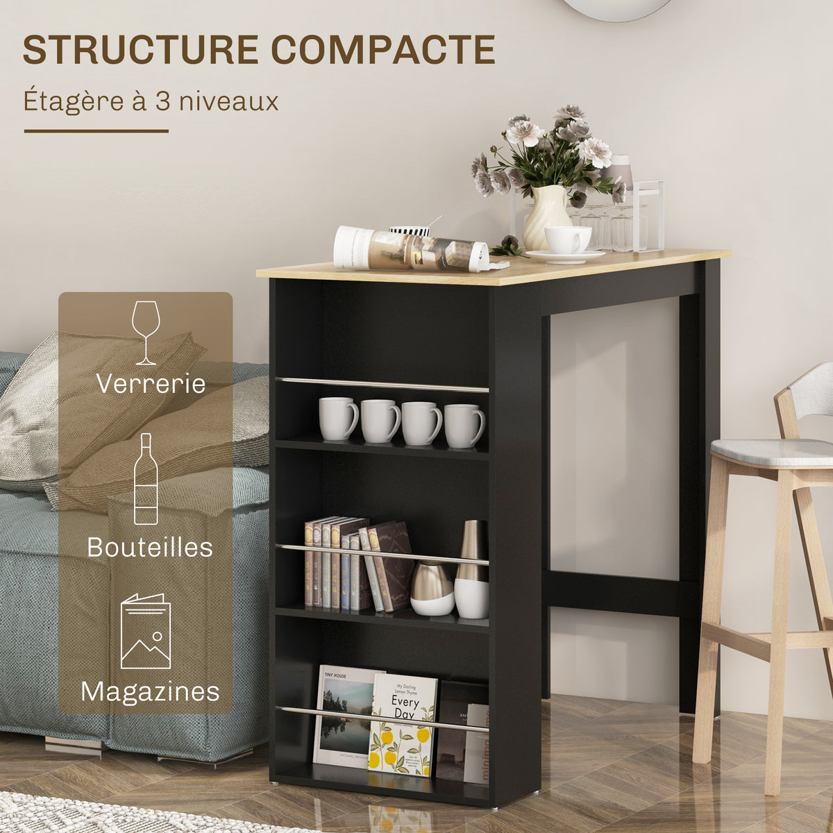 Table de bar table haute de cuisine mange-debout comptoir - dim. 112L x 57l x 106H cm - 3 étagères - noir-3