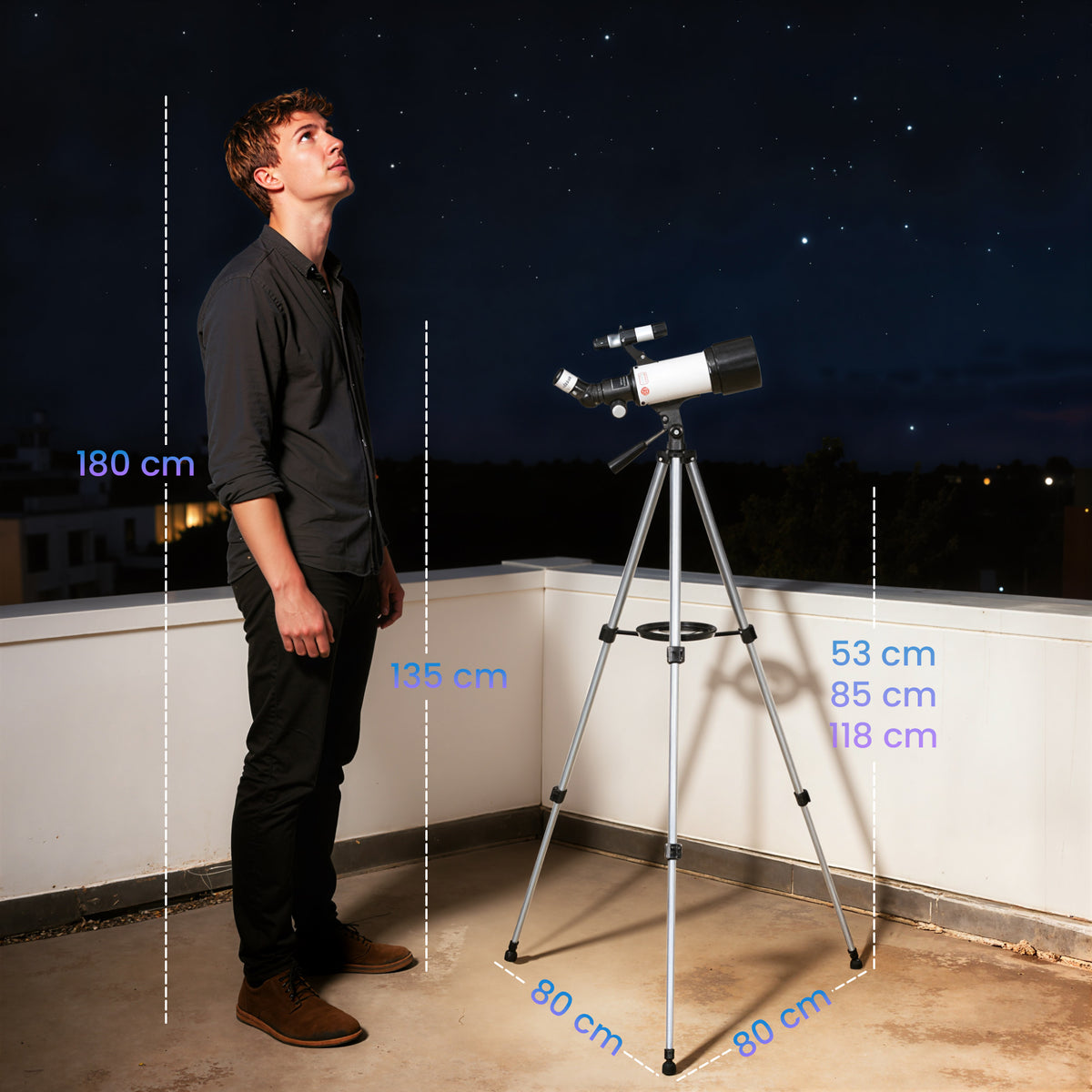 Télescope Astronomique pour Adultes et Débutants 70 mm, 2 Oculaire 40X/16X, Trépied Réglable, 80 x 80 x 135 cm, Blanc-2