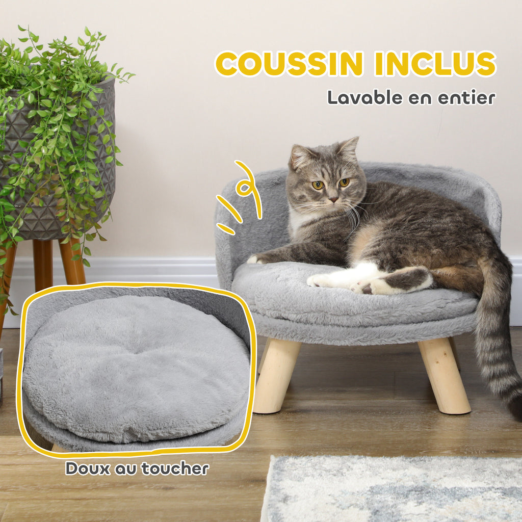 Canapé lit panier pour chien design scandinave coussin moelleux amovible pieds en bois Ø 40,5 x 33H cm gris-4