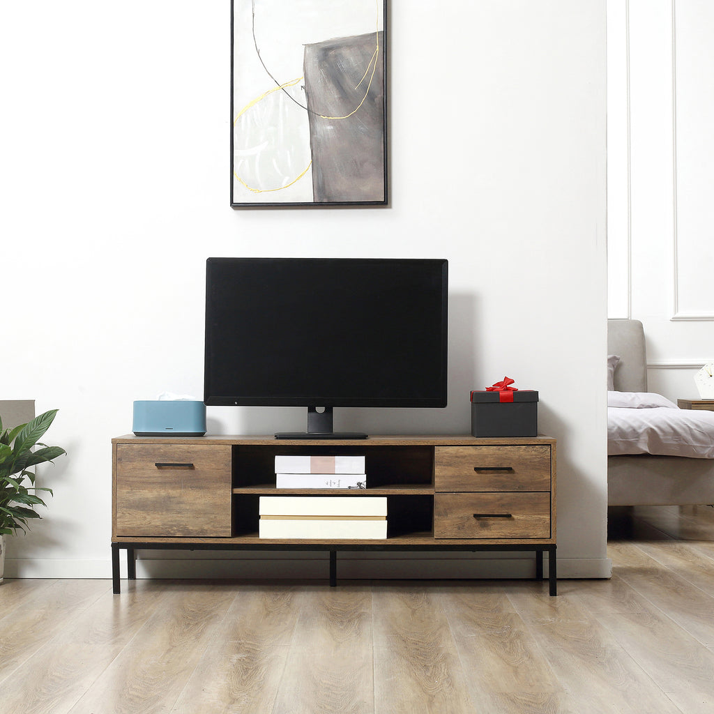 Meuble TV banc TV jusqu'à 50 pouces placard, 2 tiroirs et étagère - 2 passe-câbles - 132 x 39 x 45,5 cm marron noir-6