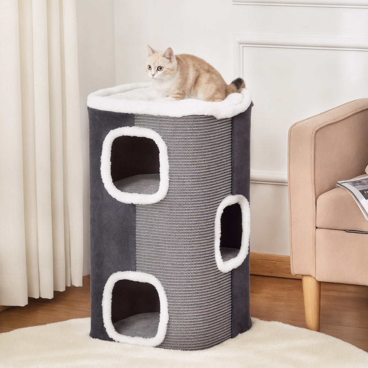 Tonneau à Gratter pour Chat 3 Niveaux en Peluche et Sisal, 3 Zones, 2 Grands Trous Interconnectés, 40x40x74cm, Gris-1