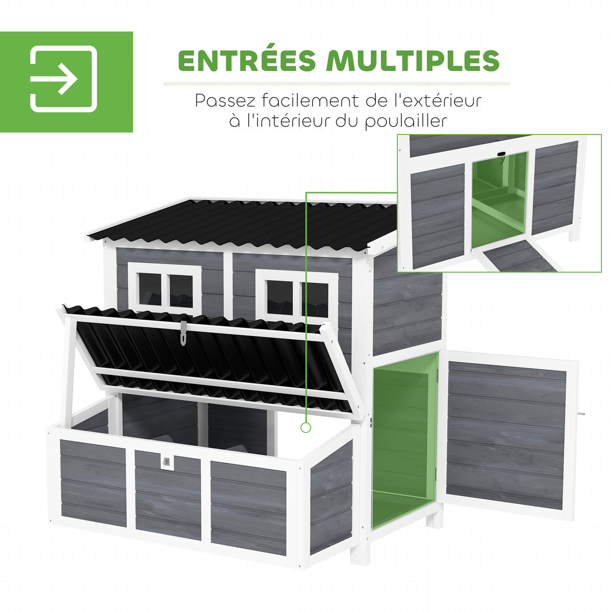 Poulailler en bois XL avec nichoir 3 compartiments tiroir amovible toit imperméable porte-rampe 100x86x100cm gris-5