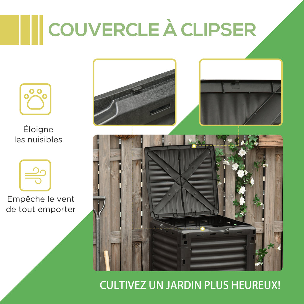 Composteur de jardin 300L bac composteur pour jardin en polypropylène 48 aérations 60,5 x 60,5 x 81,5 cm noir-5
