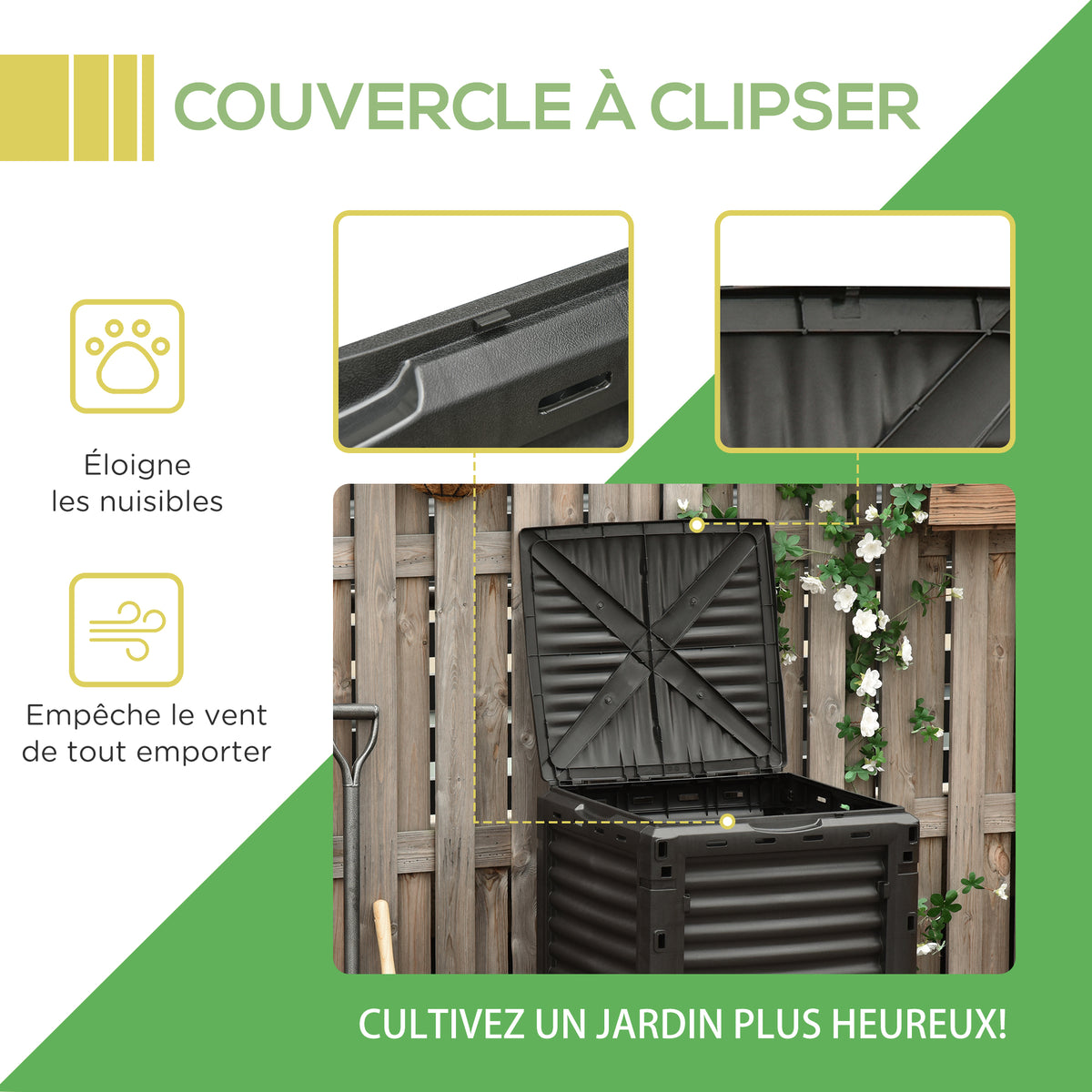 Composteur de jardin 300L bac composteur pour jardin en polypropylène 48 aérations 60,5 x 60,5 x 81,5 cm noir-5