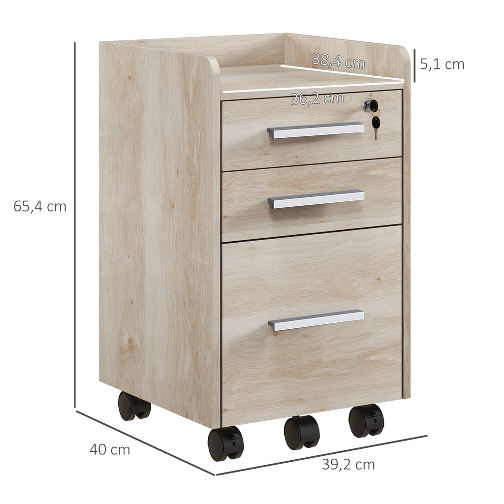 Caisson de bureau rangement bureau sur roulettes 3 tiroirs 1 verrouillable 1 trieur dossiers en bois beige-2