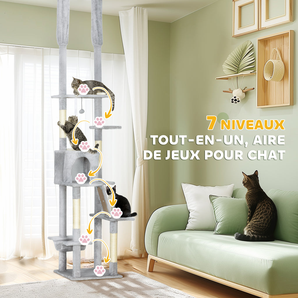 Arbre à chat du sol au plafond griffoir pour chat hauteur réglable 225-255 cm 6 niveaux avec niche hamac gris clair-6