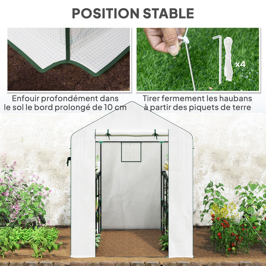 Serre de jardin 3 m² avec étagères 3 niveaux, PE renforcée 135 g/m² anti-UV, porte enroulable et fenêtres en maille-6
