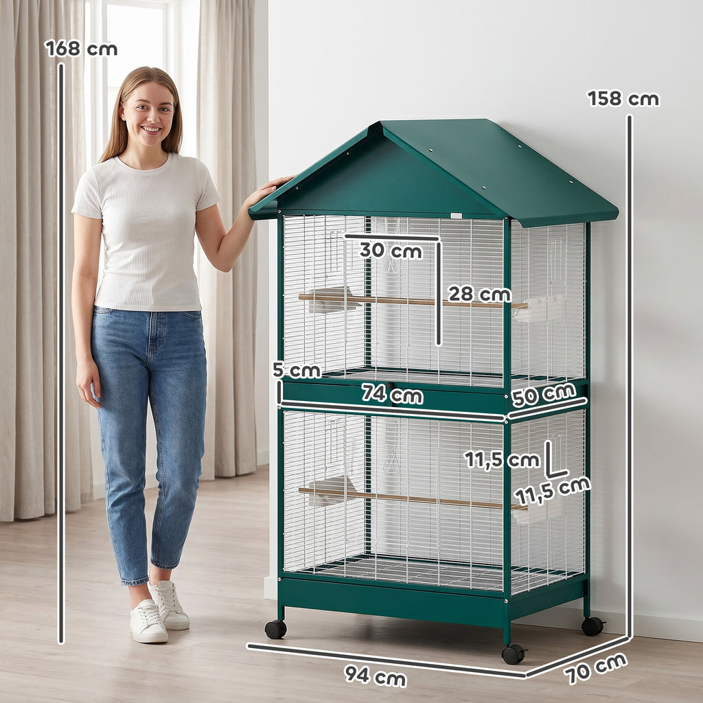 Cage à oiseaux sur roulettes avec séparateur amovible, 4 mangeoires et 2 perchoirs, 2 plateaux coulissants, 94x70x158cm-2