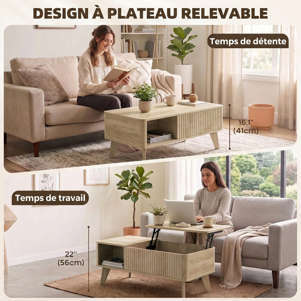 Table Basse Relevable, Compartiment Caché, 2 Étagères Ouvertes, Coins Arrondis, Style Mid-Century, 100x48x41cm, Chêne-3