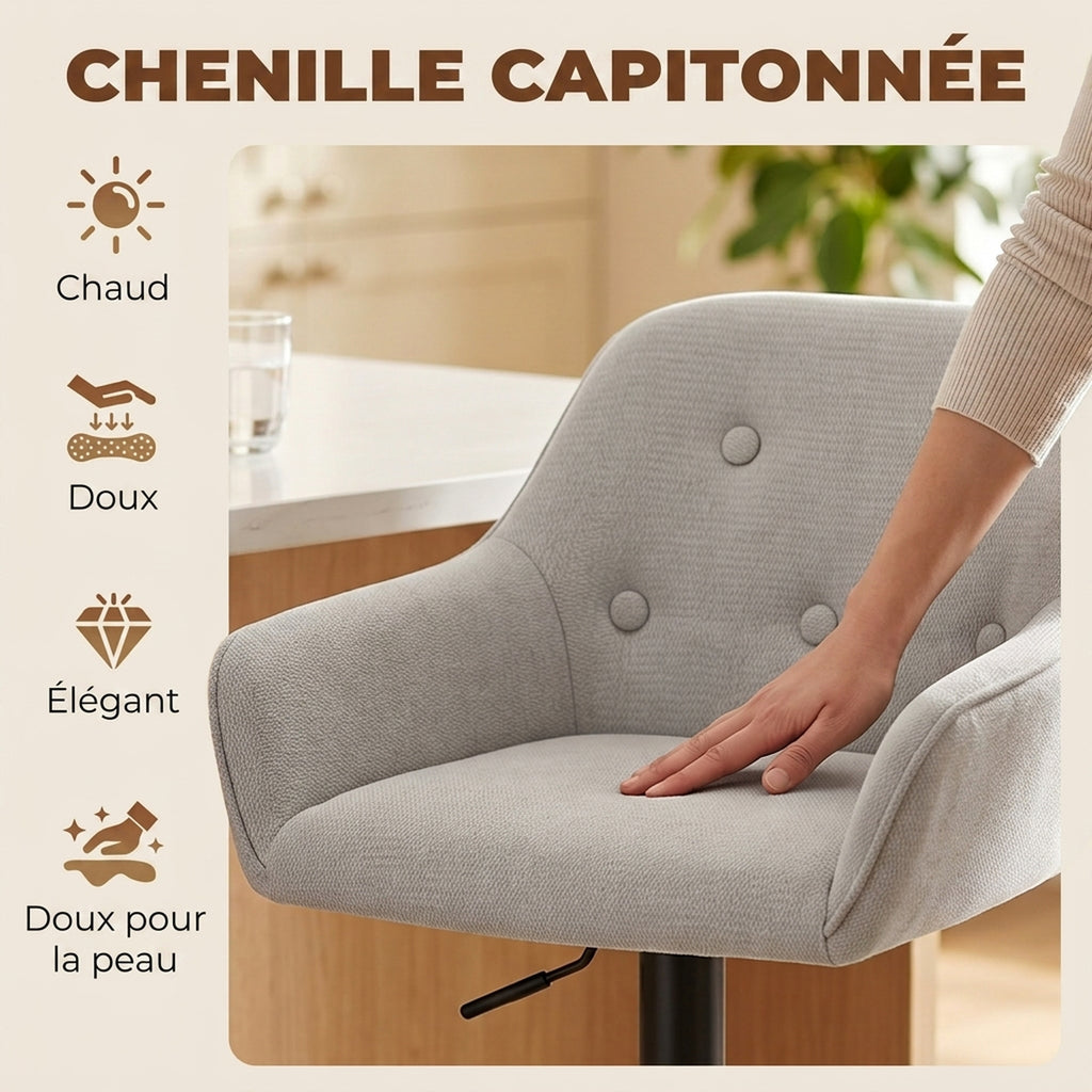 Tabourets de Bar Lot de 2, Chaises de Bar en Chenille, Hauteur Réglable, Pivotant 360°, Dossier et Repose-Pieds, Gris-3