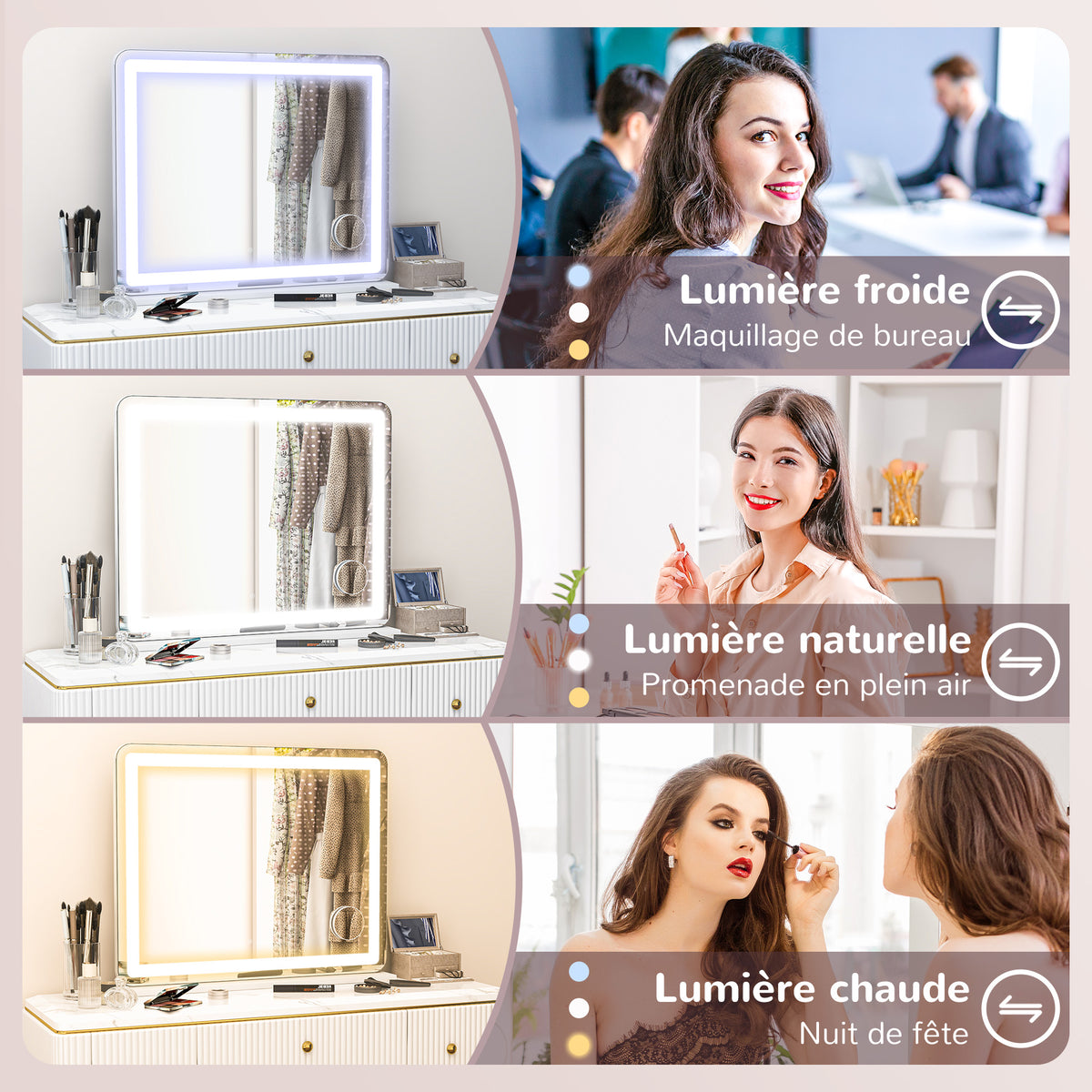 Miroir Lumineux LED intensité 3 modes d'éclairage, grossissement 10X,  port de charge USB, touche tactile - 80 x 62 cm-4