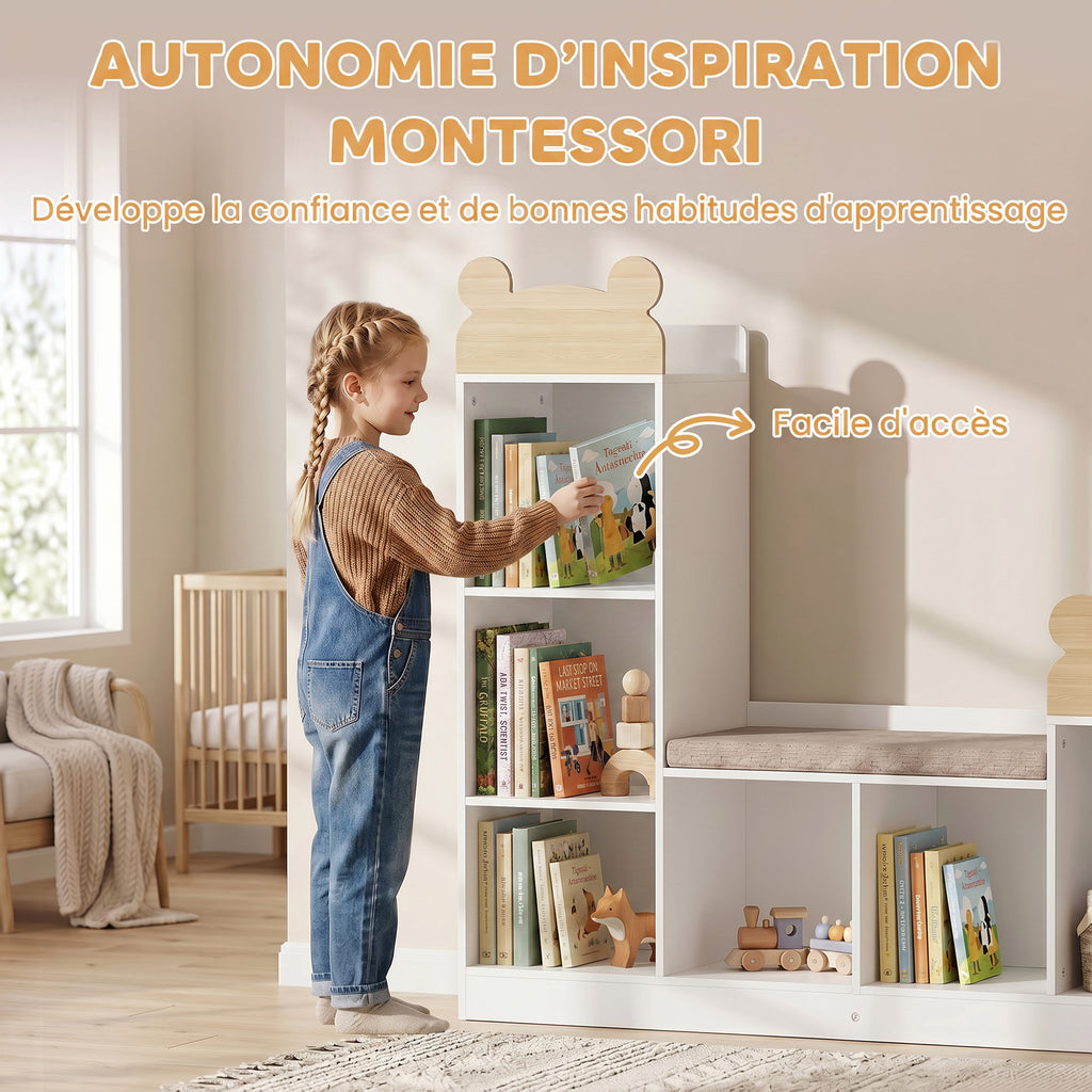 Bibliothèque Enfant, Meuble Rangement Enfant 3 en 1 avec Banc, 6 Compartiments, 2 Étagères, Coussin d'Assise, Blanc-6