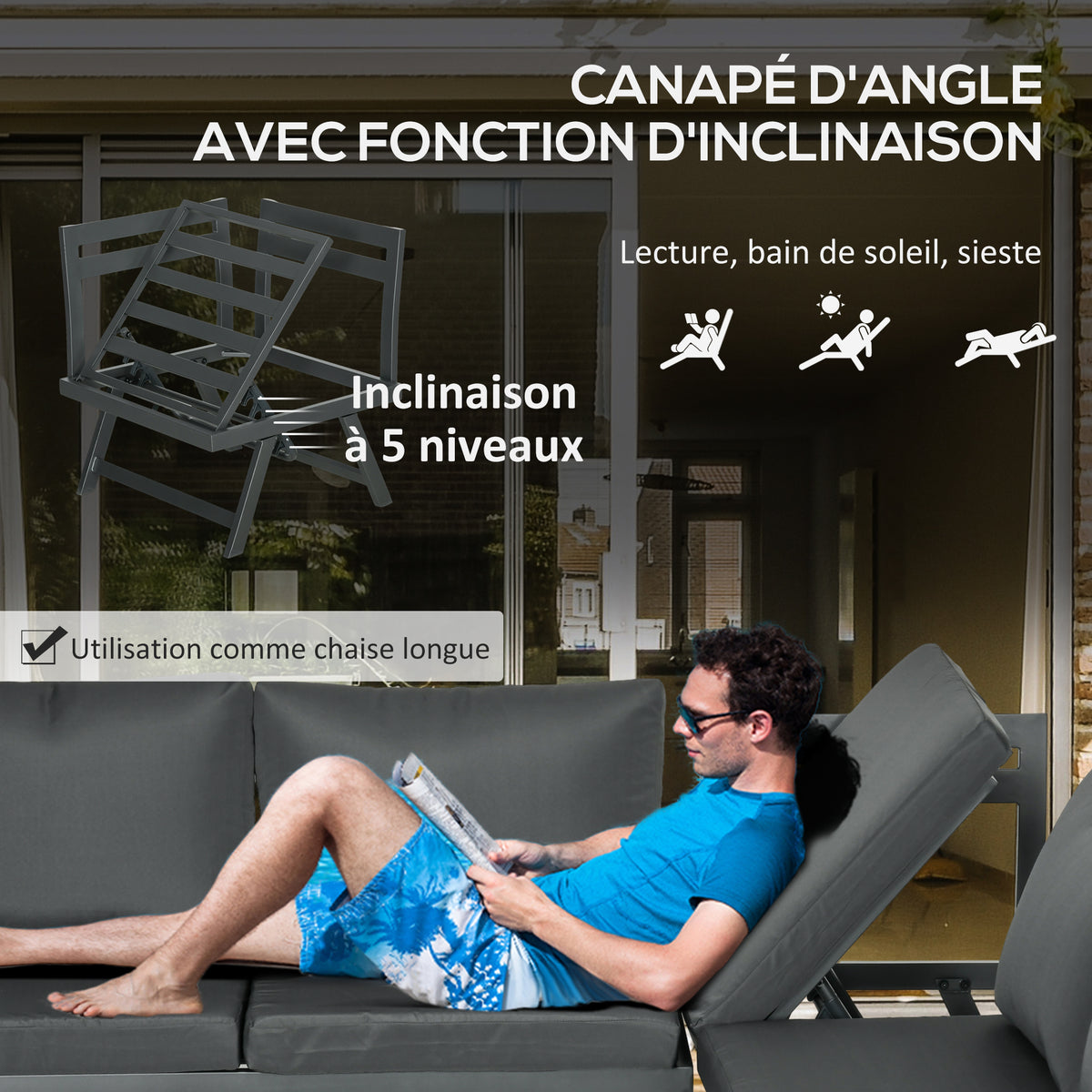 Ensemble salon de jardin d'angle et convertible 4 pièces avec 2 banquettes, 1 fauteuil d'angle et 1 table basse-5