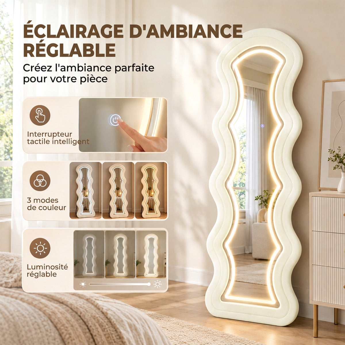 Miroir Pleine Longueur Ondulé 160 x 60 cm, LED 3 Couleurs, Cadre Effet Velours, Verre Trempé HD, Crème-3