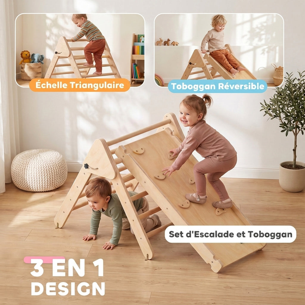 Triangle d'escalade, 3 en 1 en bois pour grimper et glisser, charge max. 50 kg, pour 18-48 mois, bois naturel-3