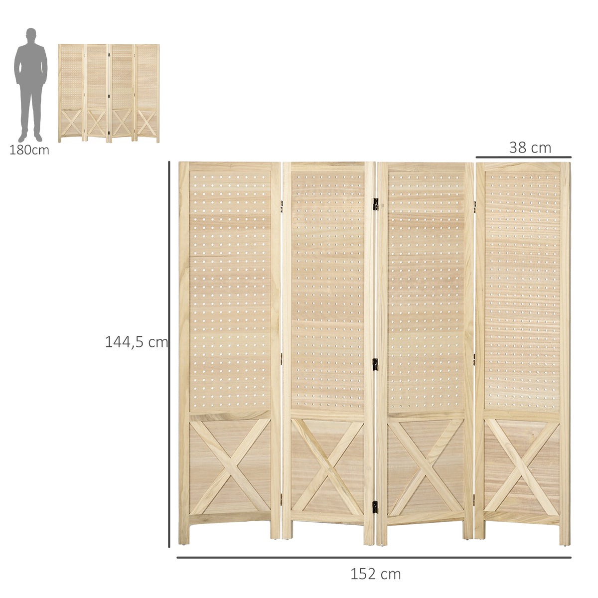Paravent intérieur en bois 4 panneaux séparateur de pièce pliable panneau perforé 152 x 1,7 x 144,5 cm bois naturel-2
