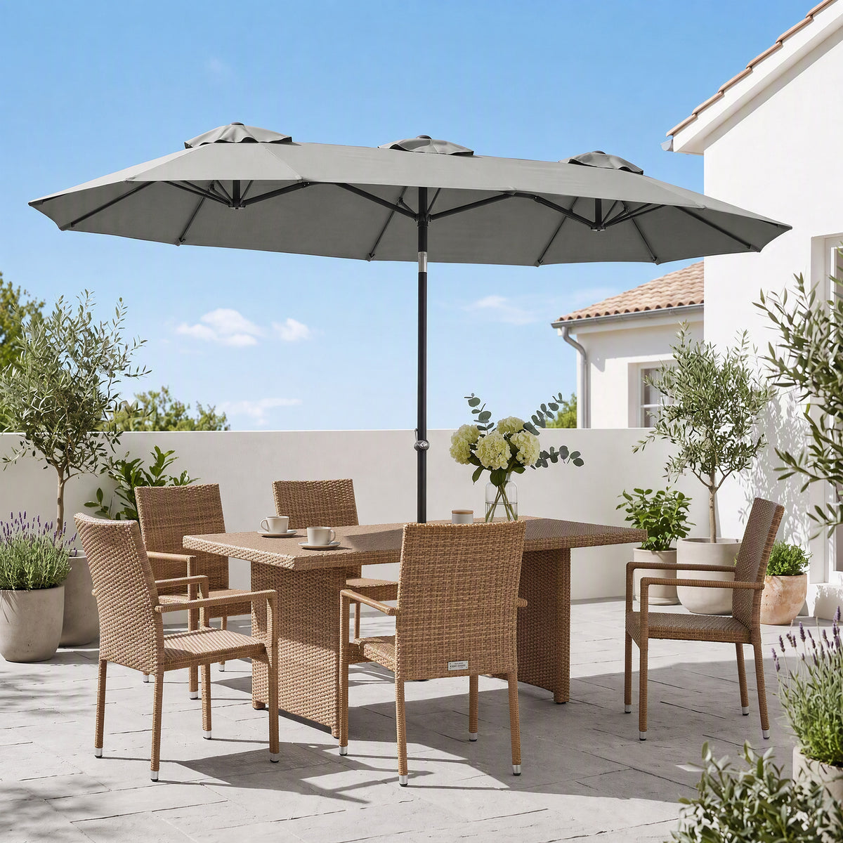 Parasol de Jardin Exterieur Inclinable 3 x 1,5 m, Parasol Double Rectangulaire avec Manivelle, Polyester 180 g/m², Gris-1
