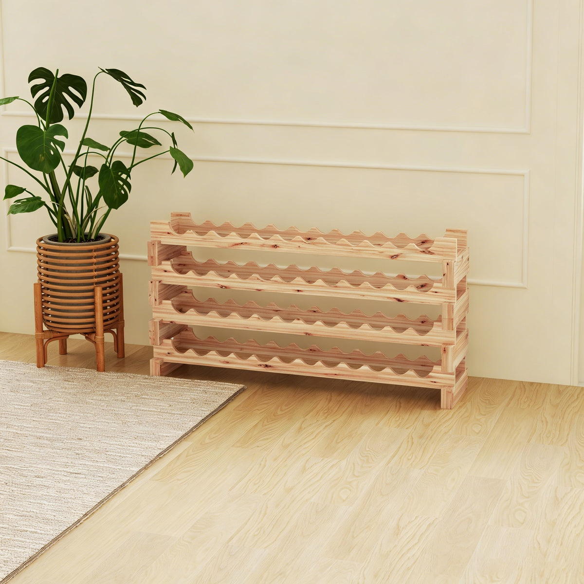 Casier à bouteilles pour 48 bouteilles, étagère à vin avec 4 niveaux modulable, 114×28×56,5cm, bois naturel-1