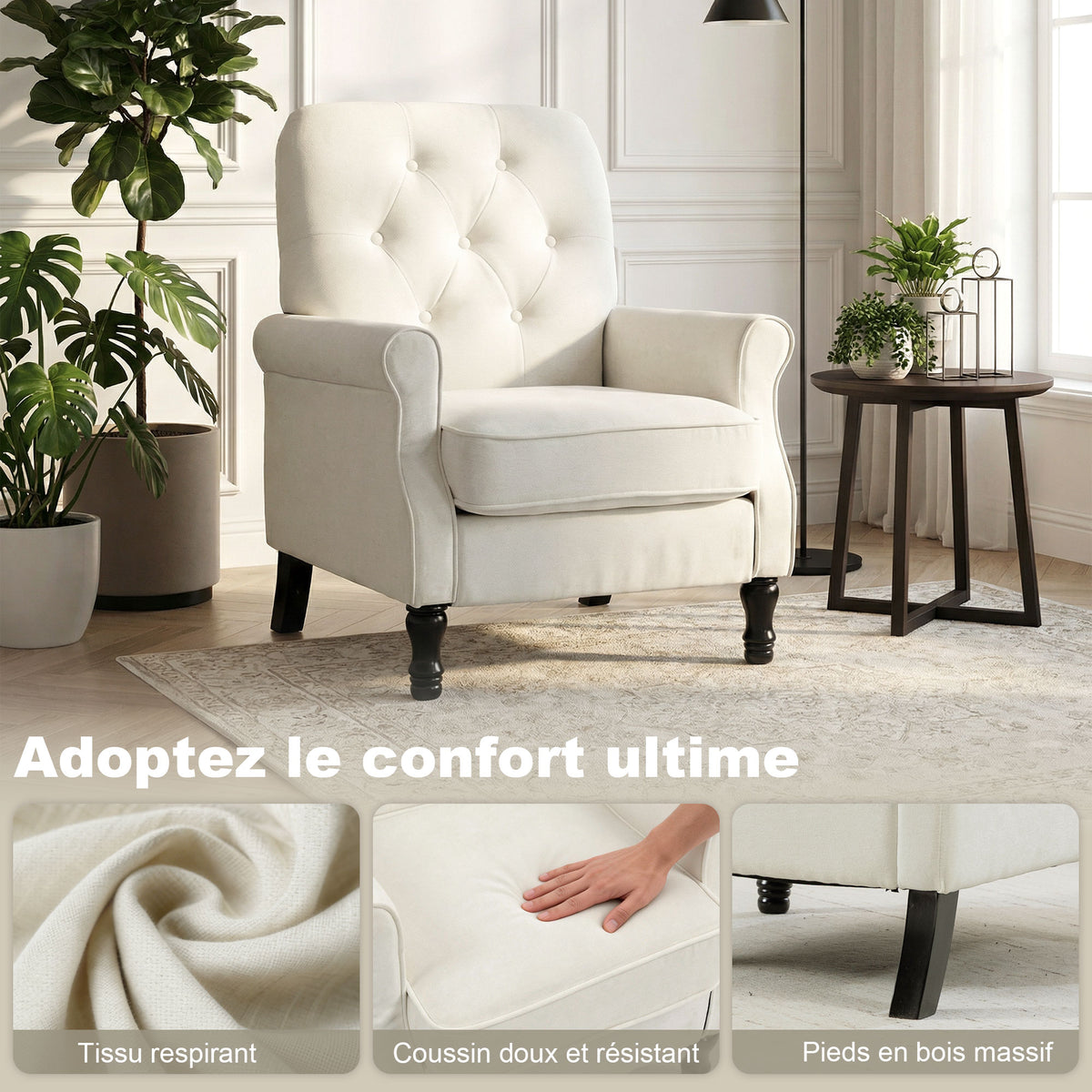 Fauteuil de salon, canapé 1 place avec assise rembourrée épaisse, coussin à ressorts, tissu en lin, 69x75x90cm, crème-3