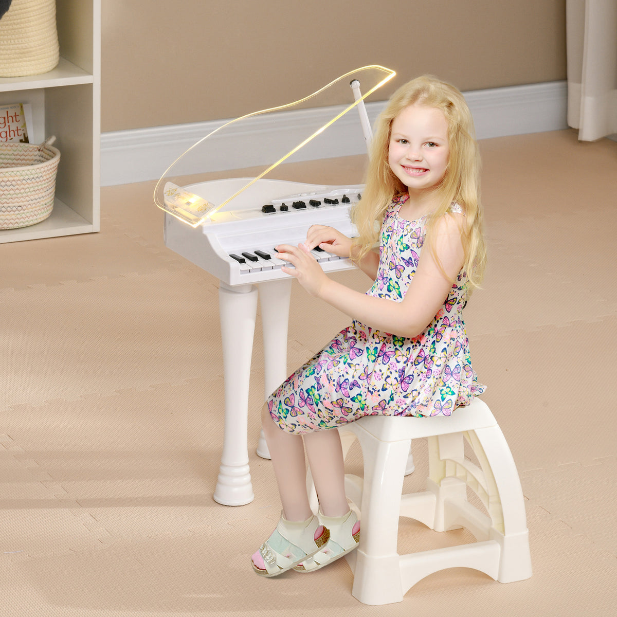 Piano enfant électronique 32 touches multifonctions avec micro haut parleur tabouret couvercle lumineux LED blanc-1