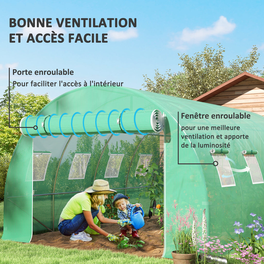 Bâche de rechange serre tunnel 12 m² 4 x 3 x 2 m PE anti-UV imperméable 8 fenêtres + porte enroulable zippée vert-3