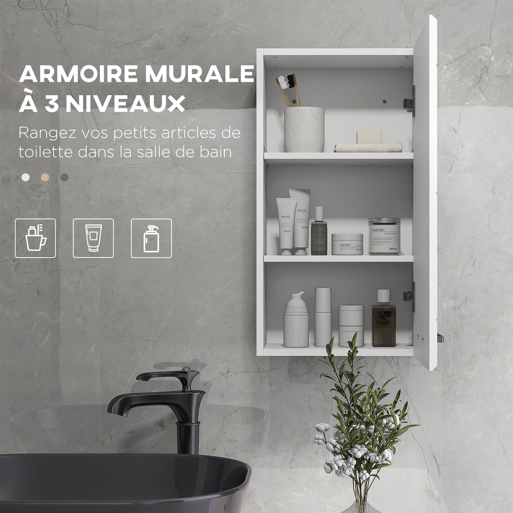 Armoire murale de salle de bain 1 porte avec étagère réglable en hauteur 3 niveaux 37 x 22,5 x 70 cm blanc haut brillant-3