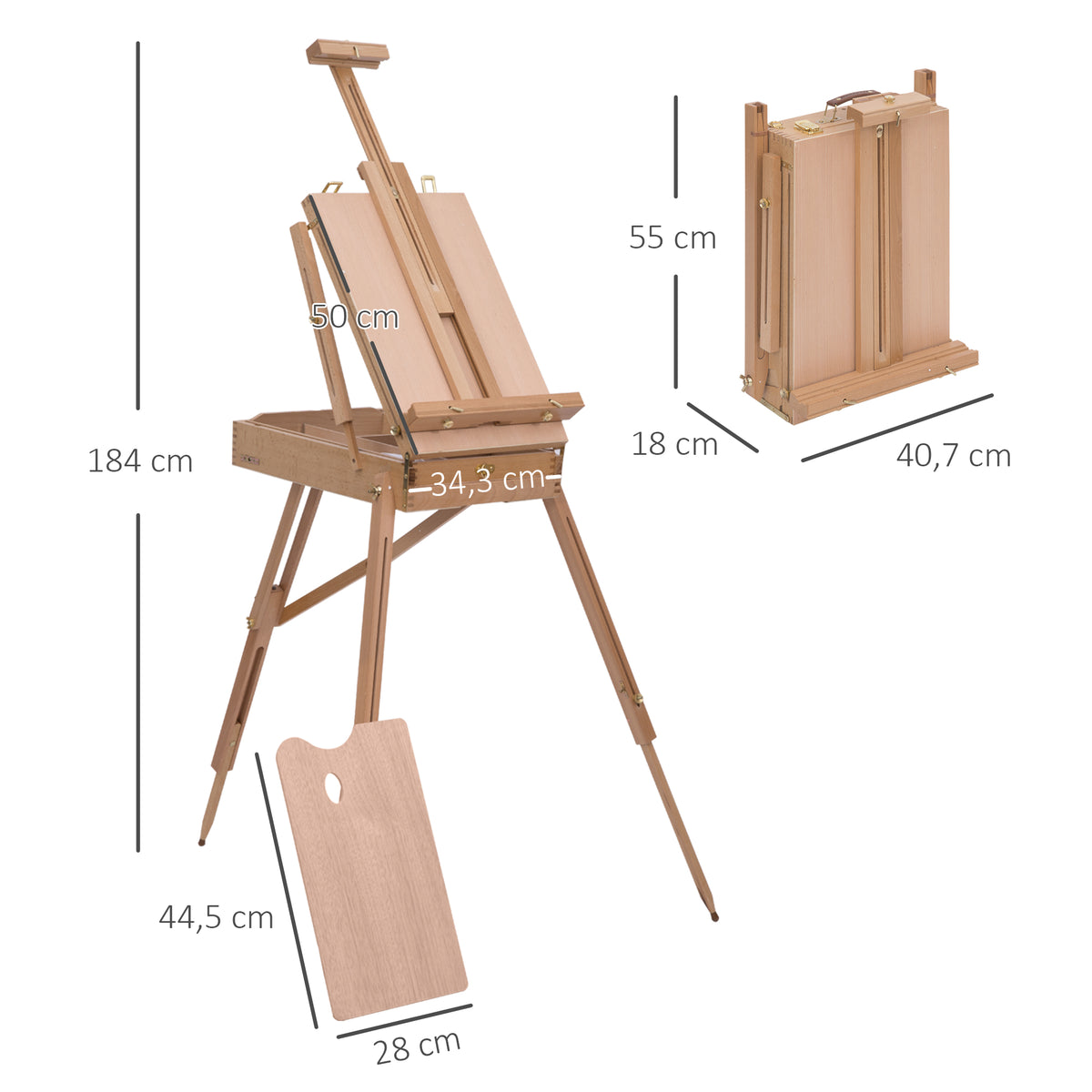Chevalet d'Artiste sur Pieds Pliable, Mallette de Peinture, Chevalet avec Rangement, Hauteur Réglable, Bois de Hêtre Clair-2