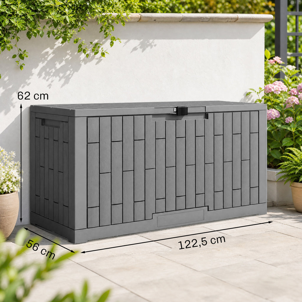Coffre de Rangement Extérieur 379 L Verrouillable avec Vérin à Gaz, Aspect Bois, 122,5x56x62cm, Gris-2