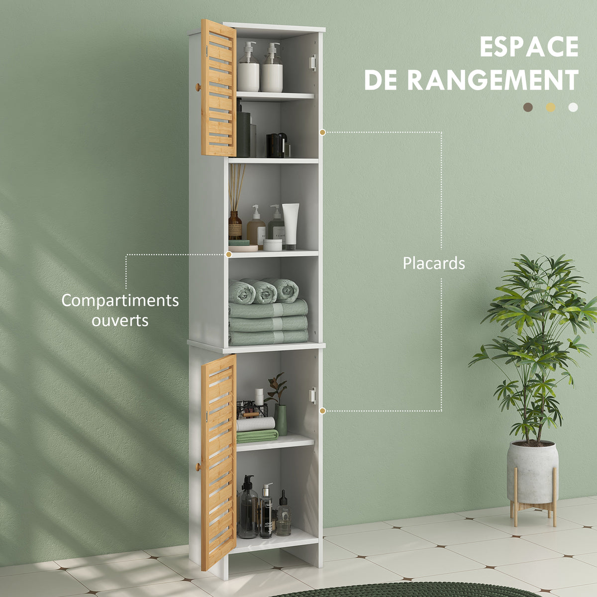 Meuble Colonne Rangement Salle de Bain bicolore dim. 35L x 30l x 170H cm 2 placards avec étagère réglable + 2 niches-3