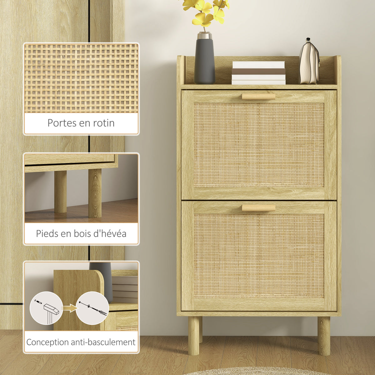 Meuble à chaussures 2 portes abattants étagère effet rotin tissé design bohème - dim. 80L x 24,5l x 110H cm-6