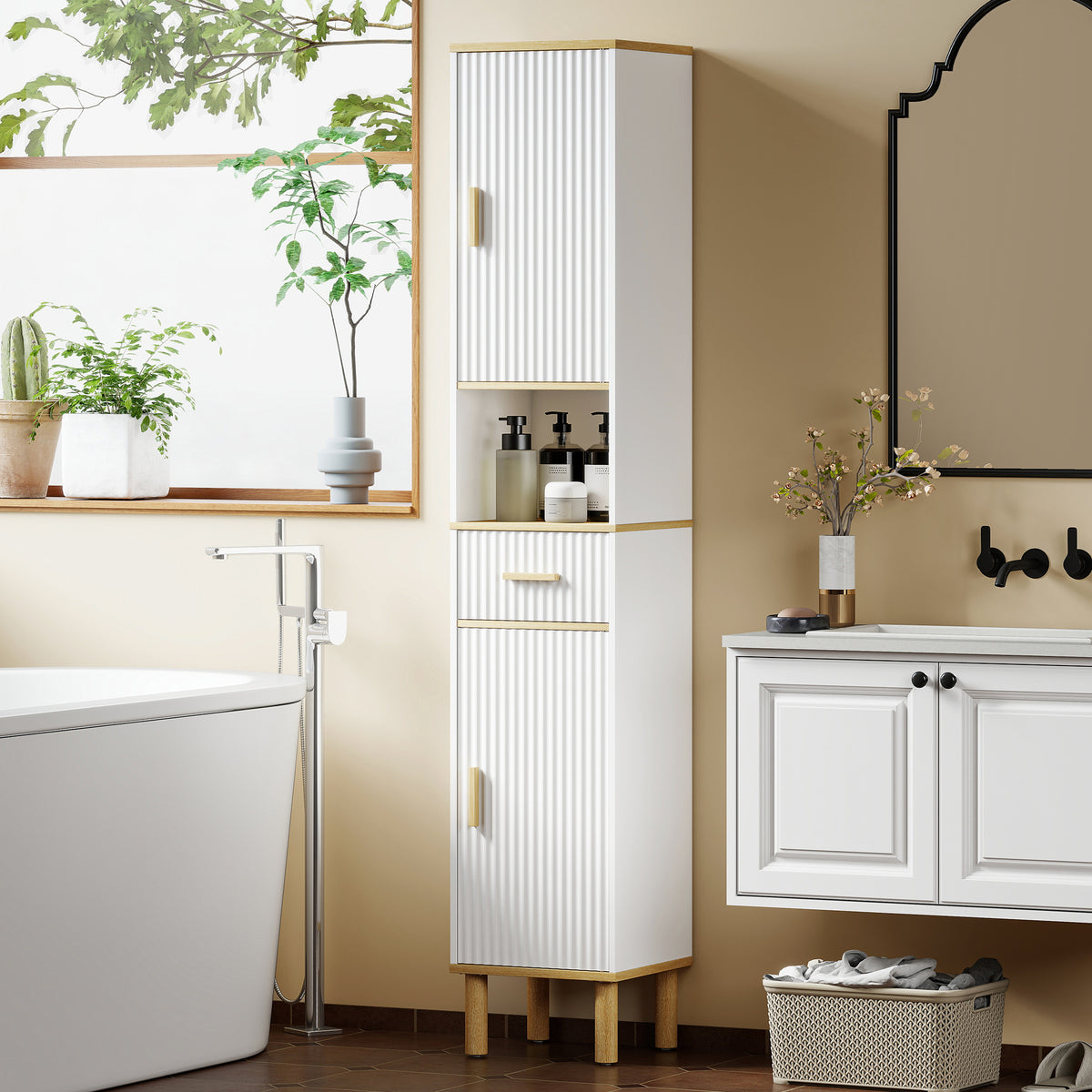 Meuble colonne salle de bain, meuble de rangement étroit avec 2 portes, tiroir, compartiment ouvert, blanc-1