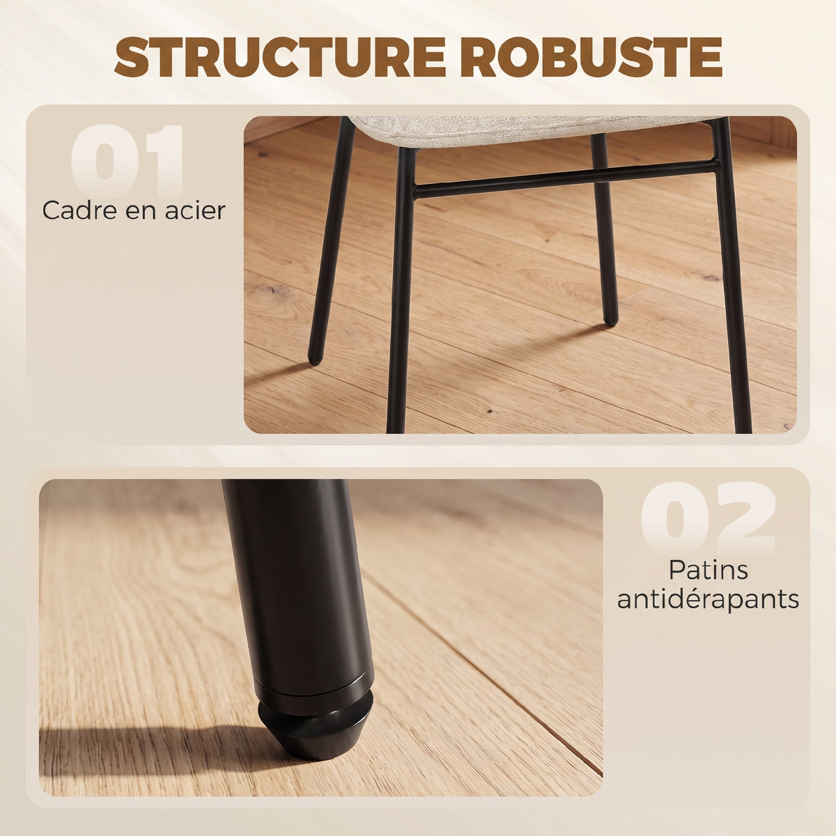 Lot de 2 chaises de salle à manger assise rembourrée en tissu aspect lin pieds en acier stable design moderne crème-5