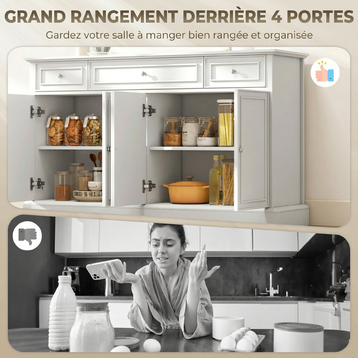 Buffet salon, meuble de rangement avec 3 tiroirs, 4 portes à fermeture douce et étagères réglables, blanc-3
