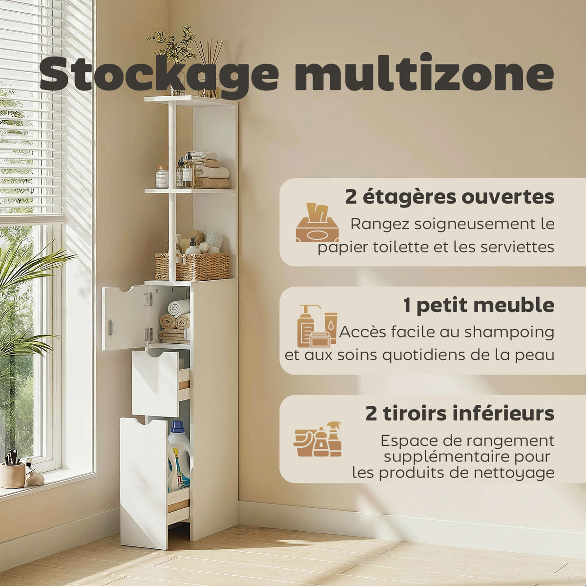 Meuble colonne salle de bain armoire de salle de bain avec tiroirs étagères ouvertes placard 15 x 33 x 136,8 cm blanc-4