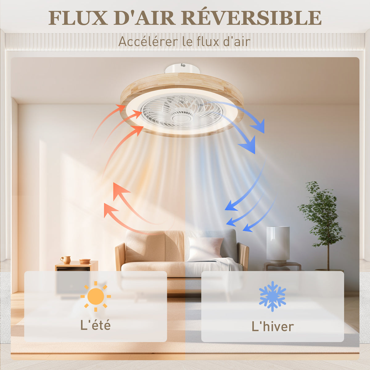 Ventilateur de plafond réversible avec lumière et télécommande 6 vitesses, minuterie, luminosité réglable, bois naturel-6
