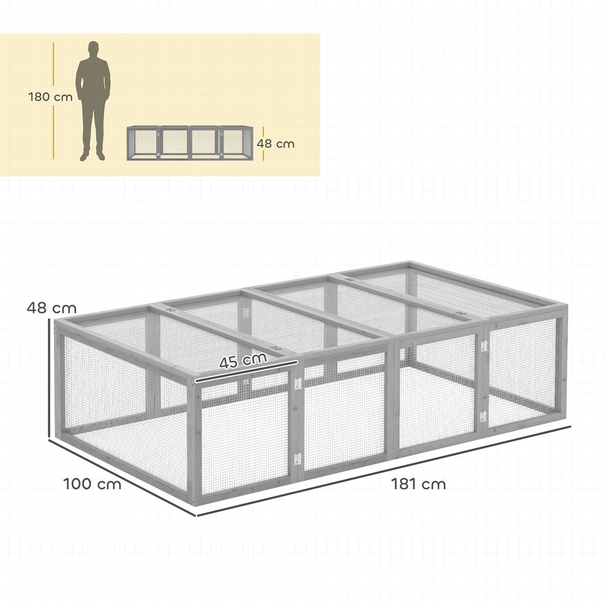 Clapier cage à lapins extérieur intérieur 2 portes supérieures 181L x 100l x 48H cm bois massif gris-2