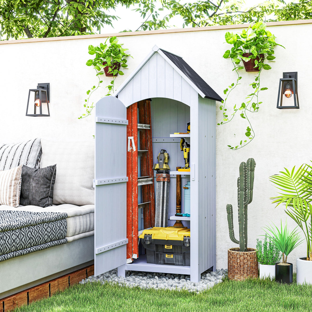 Abri de jardin en bois cabane de jardin exterieur armoire de jardin avec toit bitumé 3 étagères porte avec loquet rangement et stockage extérieurs pour terrasse 77,5 x 54,2 x 179,5 cm blanc-1