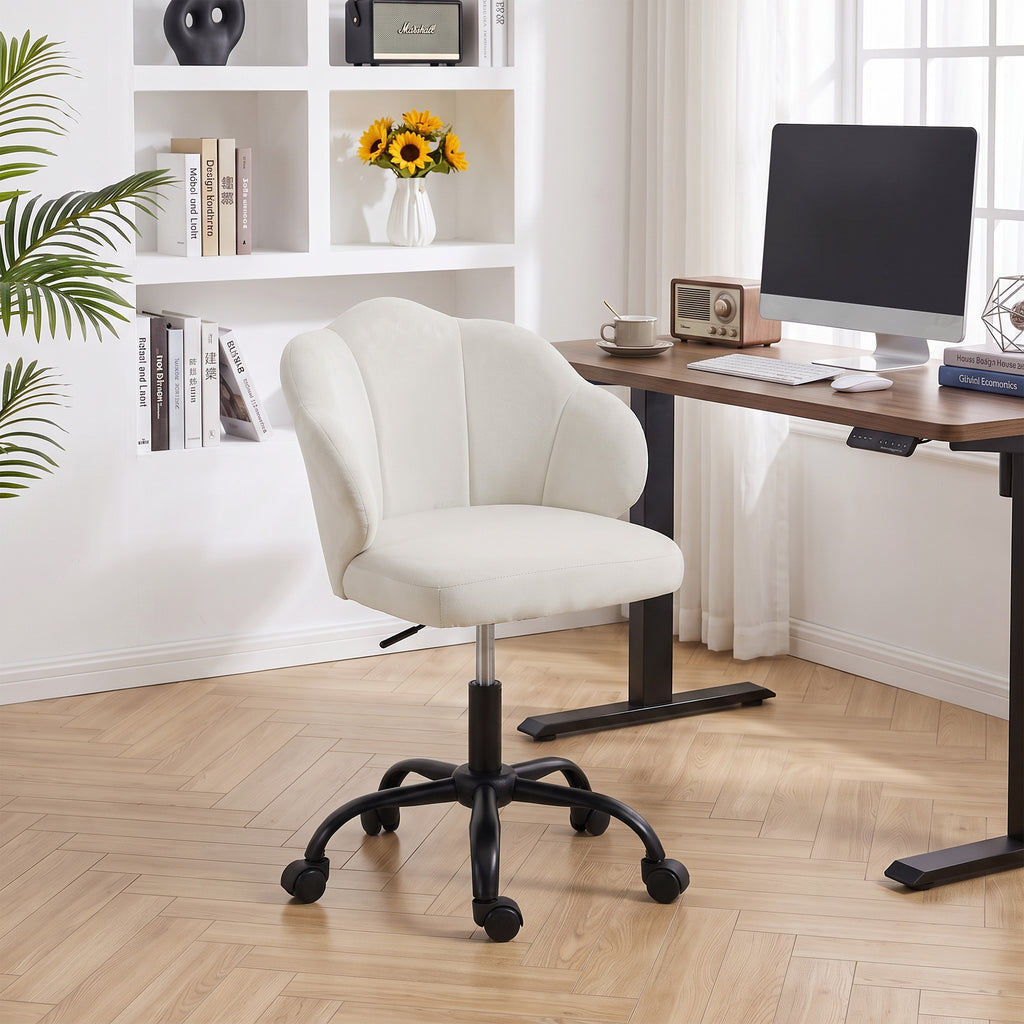 Chaise Bureau en Velours, Chaise Coiffeuse avec Dossier en Pétale, Hauteur Réglable, Fonction Bascule, Crème-9