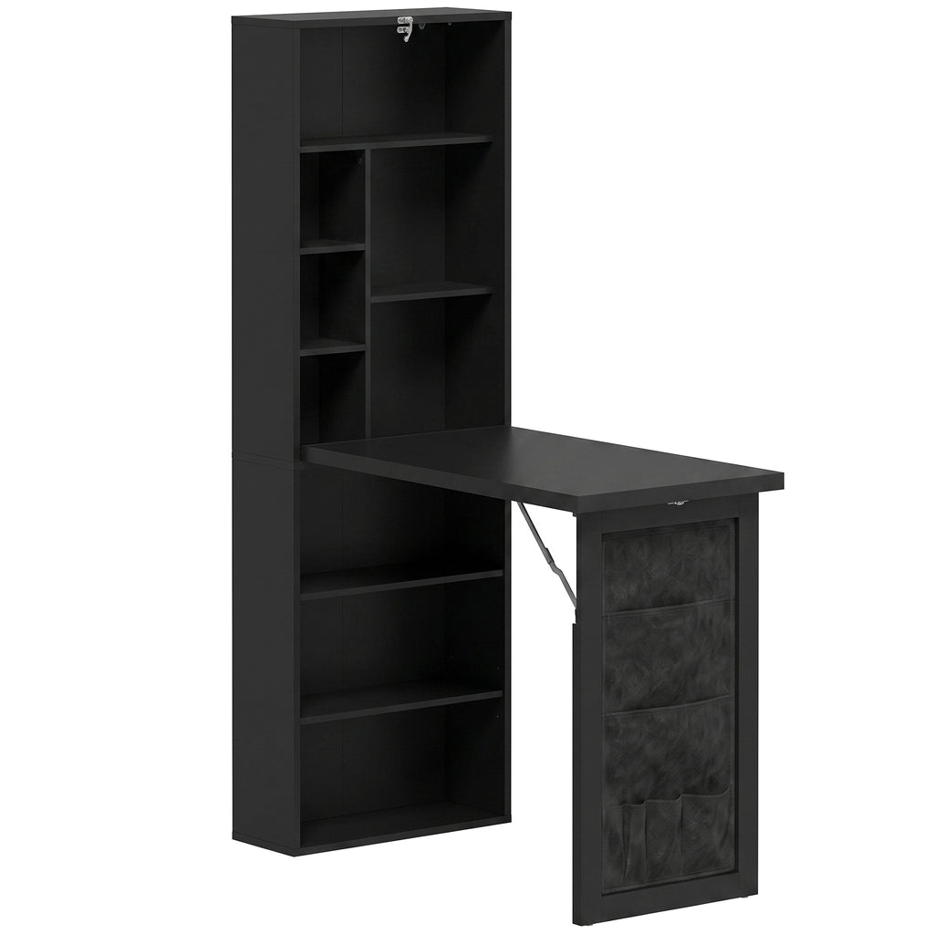 Bureau Informatique Pliable avec Pochette Suspendue, Compartiments Ouverts et Étagère Réglable, Noir-0
