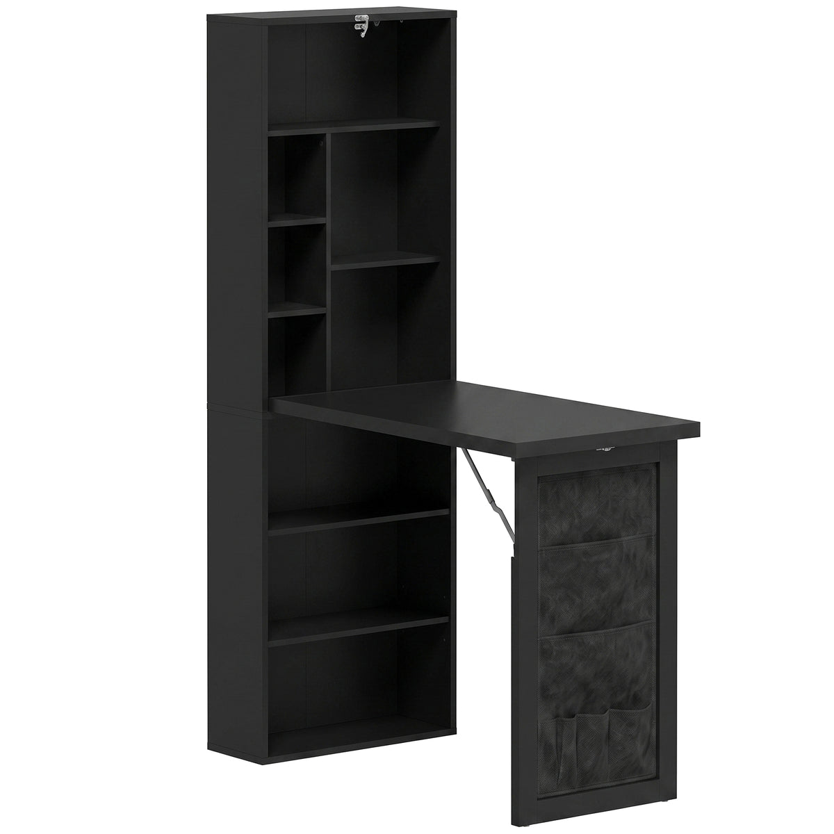 Bureau Informatique Pliable avec Pochette Suspendue, Compartiments Ouverts et Étagère Réglable, Noir-0